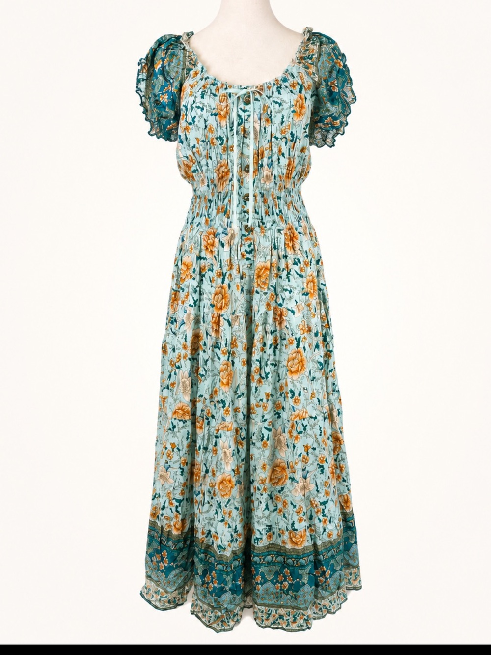 NWT OSTOO XXL Floral Smocked Puff Sleeve Boho Maxi Dress 100% Viscose